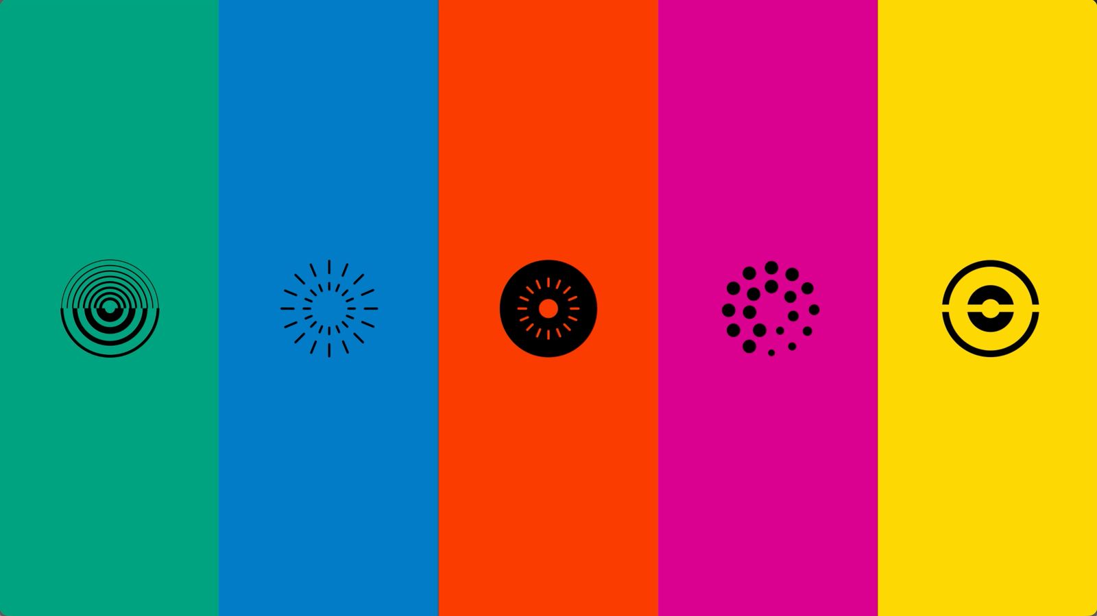 Row of green, blue, orange, magenta and yellow color tiles, each with a black Envision conference icon